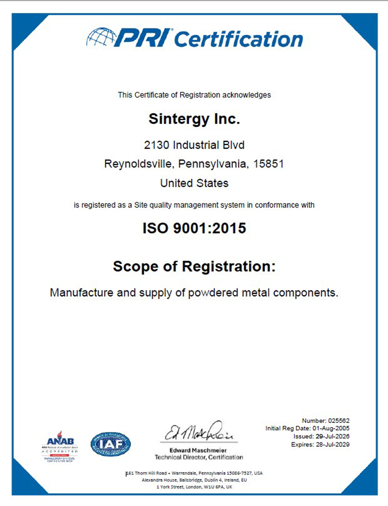 Sintergy Inc. ISO 9001:2015 certificate number 025562, valid through July 28, 2029